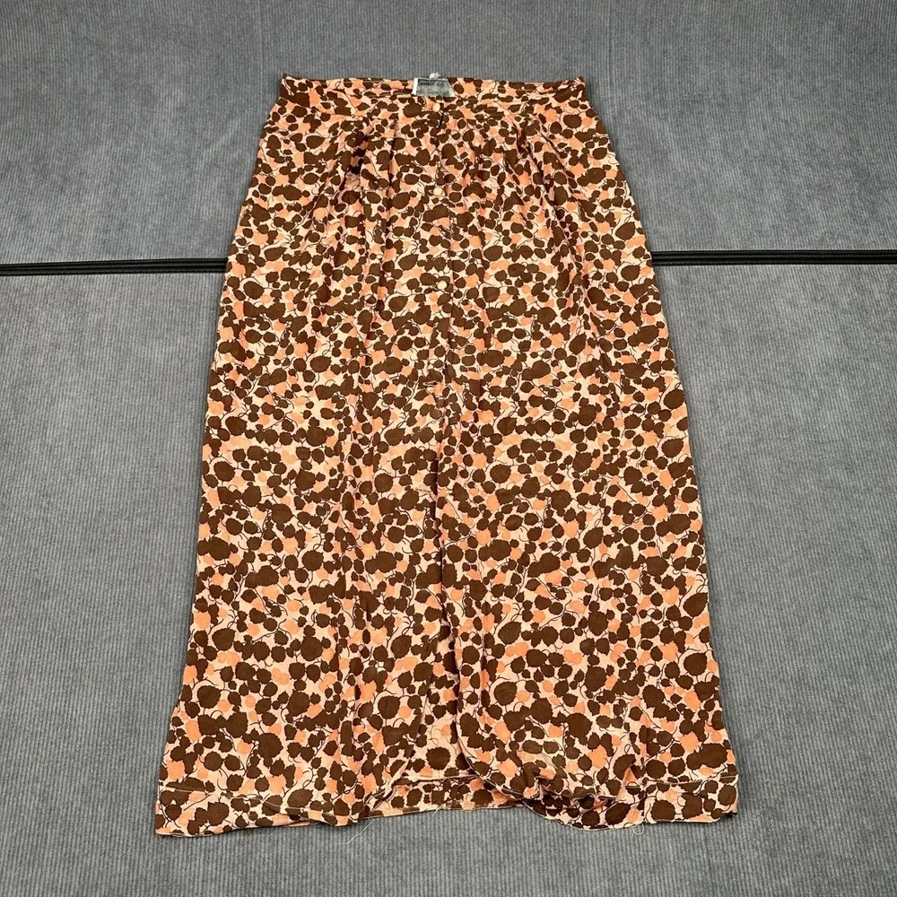 Andre Van Pier 100% Silk Maxi Skirt Brown Peach Floral Leaf Print High Waist